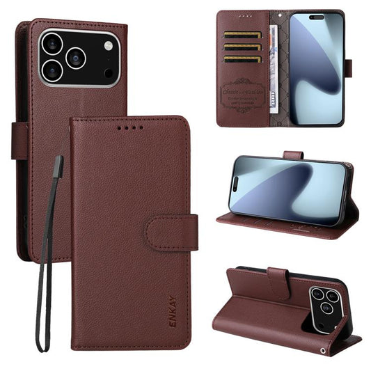 For iPhone 17 Pro Max ENKAY RFID Blocking Wallet Kickstand Litchi Texture Leather Phone Case(Brown) by ENKAY