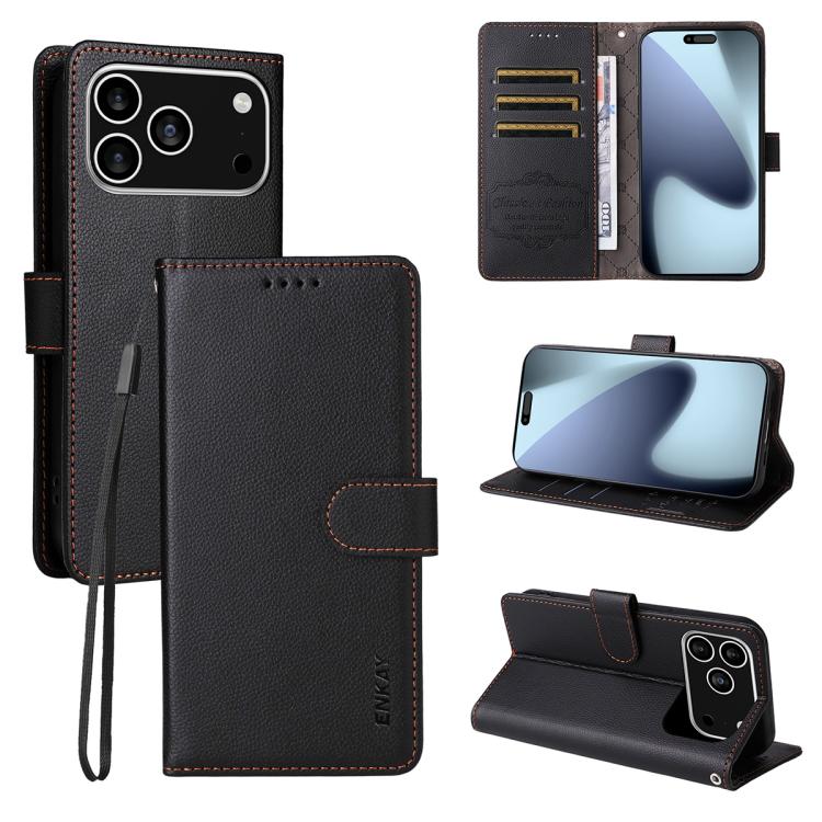 For iPhone 17 Pro ENKAY RFID Blocking Wallet Kickstand Litchi Texture Leather Phone Case(Black) by ENKAY