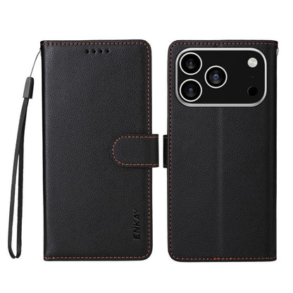 For iPhone 17 Pro ENKAY RFID Blocking Wallet Kickstand Litchi Texture Leather Phone Case(Black) by ENKAY
