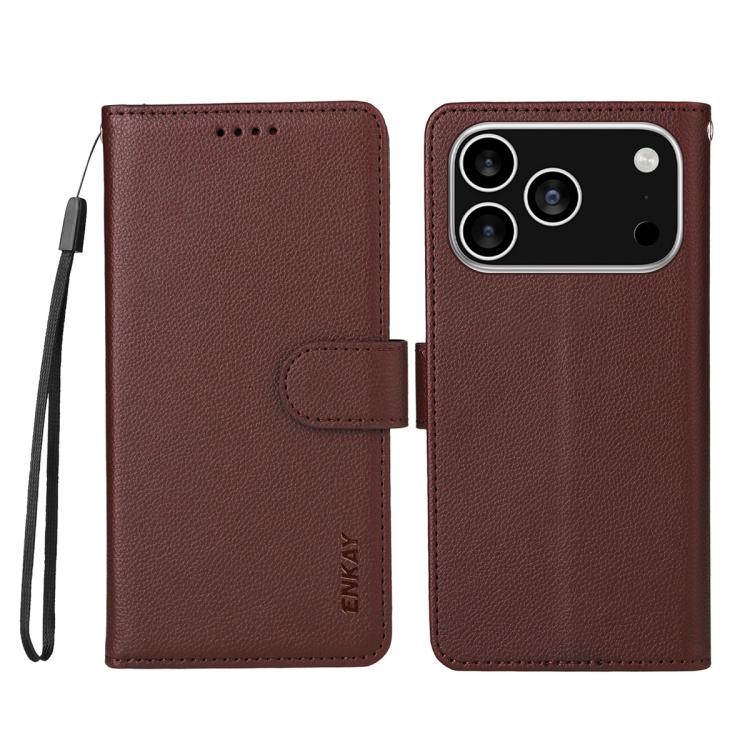 For iPhone 17 Pro ENKAY RFID Blocking Wallet Kickstand Litchi Texture Leather Phone Case(Brown) by ENKAY
