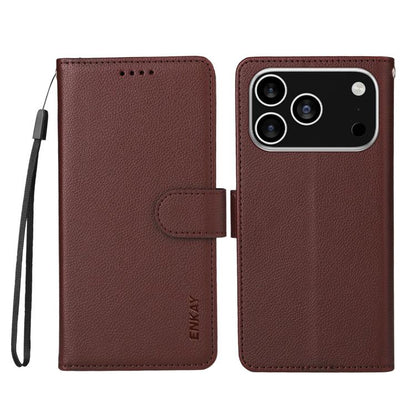 For iPhone 17 Pro ENKAY RFID Blocking Wallet Kickstand Litchi Texture Leather Phone Case(Brown) by ENKAY