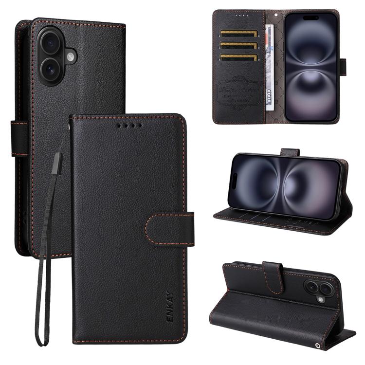 For iPhone 17 ENKAY RFID Blocking Wallet Kickstand Litchi Texture Leather Phone Case(Black) by ENKAY