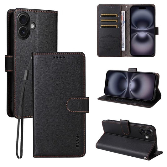 For iPhone 17 ENKAY RFID Blocking Wallet Kickstand Litchi Texture Leather Phone Case(Black) by ENKAY