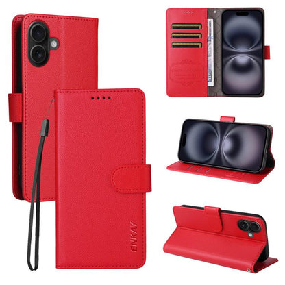 For iPhone 17 ENKAY RFID Blocking Wallet Kickstand Litchi Texture Leather Phone Case(Red) by ENKAY