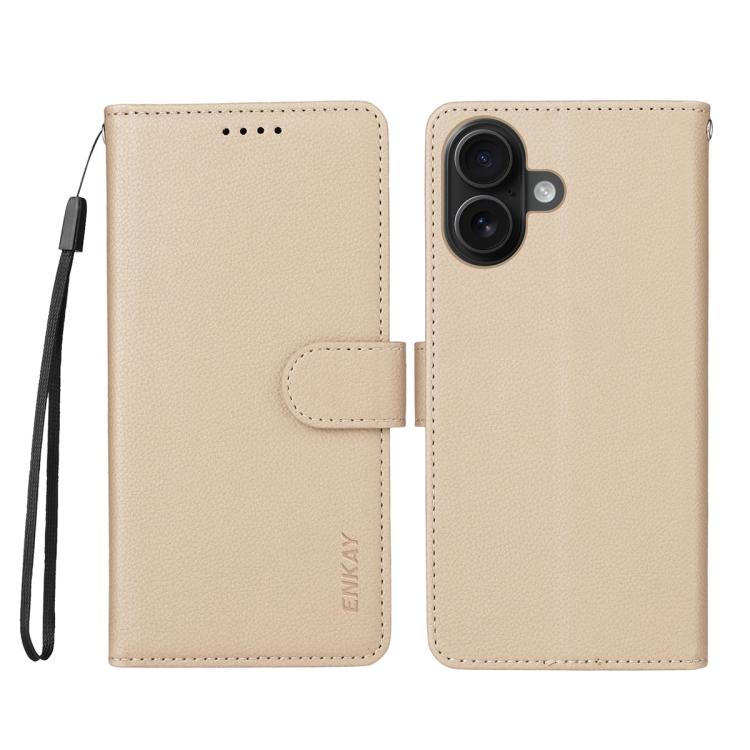 For iPhone 17 ENKAY RFID Blocking Wallet Kickstand Litchi Texture Leather Phone Case(Beige) by ENKAY