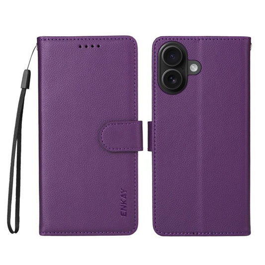 For iPhone 17 ENKAY RFID Blocking Wallet Kickstand Litchi Texture Leather Phone Case(Purple) by ENKAY