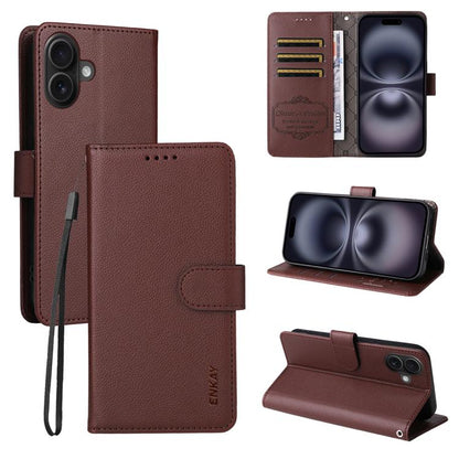 For iPhone 17 ENKAY RFID Blocking Wallet Kickstand Litchi Texture Leather Phone Case(Brown) by ENKAY