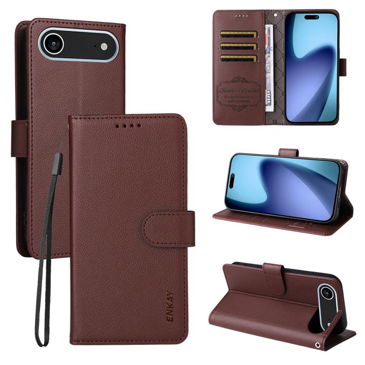 For iPhone Air ENKAY RFID Blocking Wallet Kickstand Litchi Texture Leather Phone Case(Brown) by ENKAY