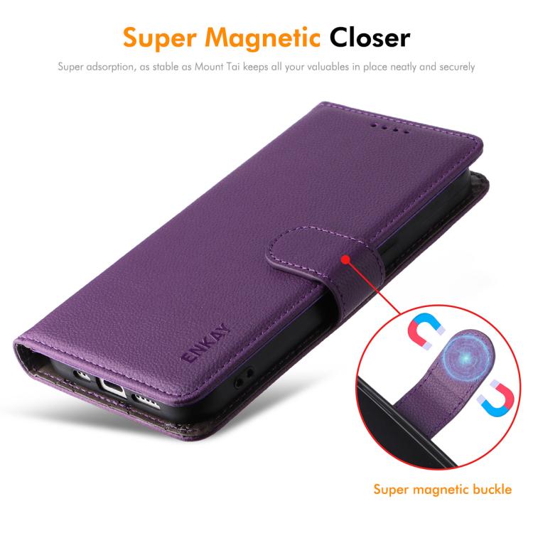 For iPhone 16 Pro Max ENKAY RFID Blocking Wallet Kickstand Litchi Texture Leather Phone Case(Purple) by ENKAY