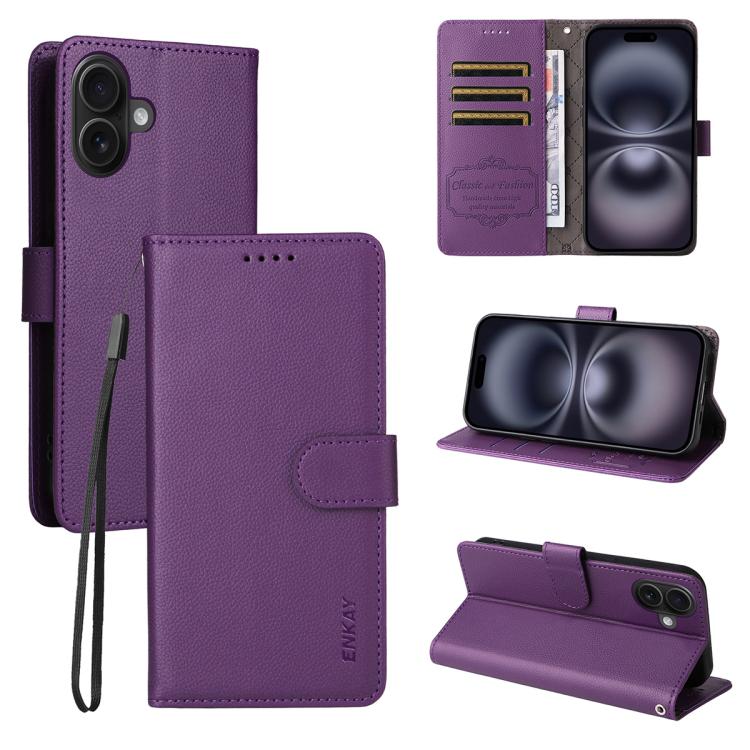 For iPhone 16 Pro ENKAY RFID Blocking Wallet Kickstand Litchi Texture Leather Phone Case(Purple) by ENKAY