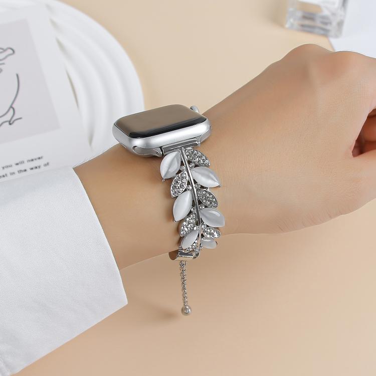 For Apple Watch 46mm / 49mm / 45mm / 44mm Leaf Shaped Diamond Studded Bracelet Alloy Watch Band(Silver White) by bashfashion
