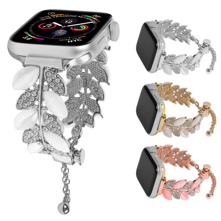 For Apple Watch 46mm / 49mm / 45mm / 44mm Leaf Shaped Diamond Studded Bracelet Alloy Watch Band(Silver White) by bashfashion