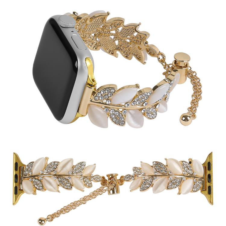 For Apple Watch 46mm / 49mm / 45mm / 44mm Leaf Shaped Diamond Studded Bracelet Alloy Watch Band(Silver White) by bashfashion