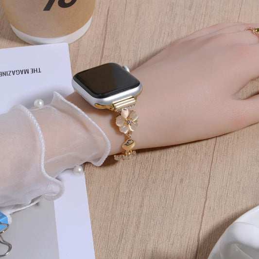 For Apple Watch 46mm / 49mm / 45mm / 44mm Four Leaf Clover Chain Alloy Watch Band(Gold+Gold Four Leaf Clover) by bashfashion