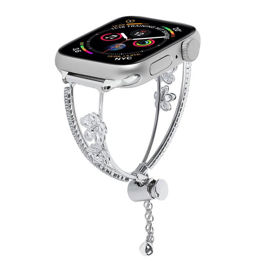 For Apple Watch 42mm / 41mm / 40mm / 38mm Copper-Inlaid Zircon 5-petal Flower Bracelet Watch Band(Silver) by bashfashion
