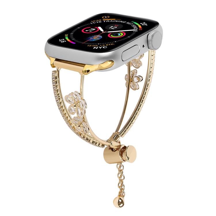 For Apple Watch 42mm / 41mm / 40mm / 38mm Copper-Inlaid Zircon 5-petal Flower Bracelet Watch Band(Gold) by bashfashion