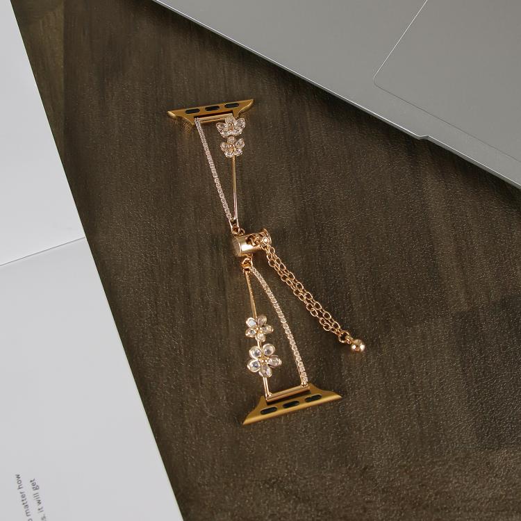For Apple Watch 42mm / 41mm / 40mm / 38mm Copper-Inlaid Zircon 5-petal Flower Bracelet Watch Band(Gold) by bashfashion