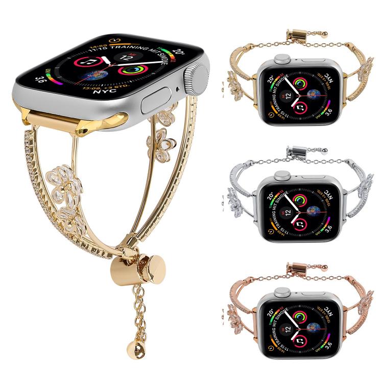 For Apple Watch 42mm / 41mm / 40mm / 38mm Copper-Inlaid Zircon 5-petal Flower Bracelet Watch Band(Silver) by bashfashion