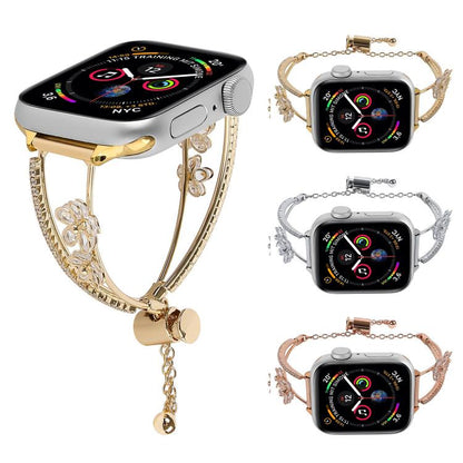 For Apple Watch 42mm / 41mm / 40mm / 38mm Copper-Inlaid Zircon 5-petal Flower Bracelet Watch Band(Gold) by bashfashion