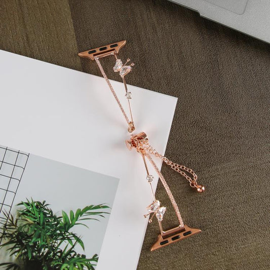 For Apple Watch 46mm / 49mm / 45mm / 44mm Copper-Inlaid Butterfly Zircon Bracelet Watch Band(Rose Gold) by bashfashion