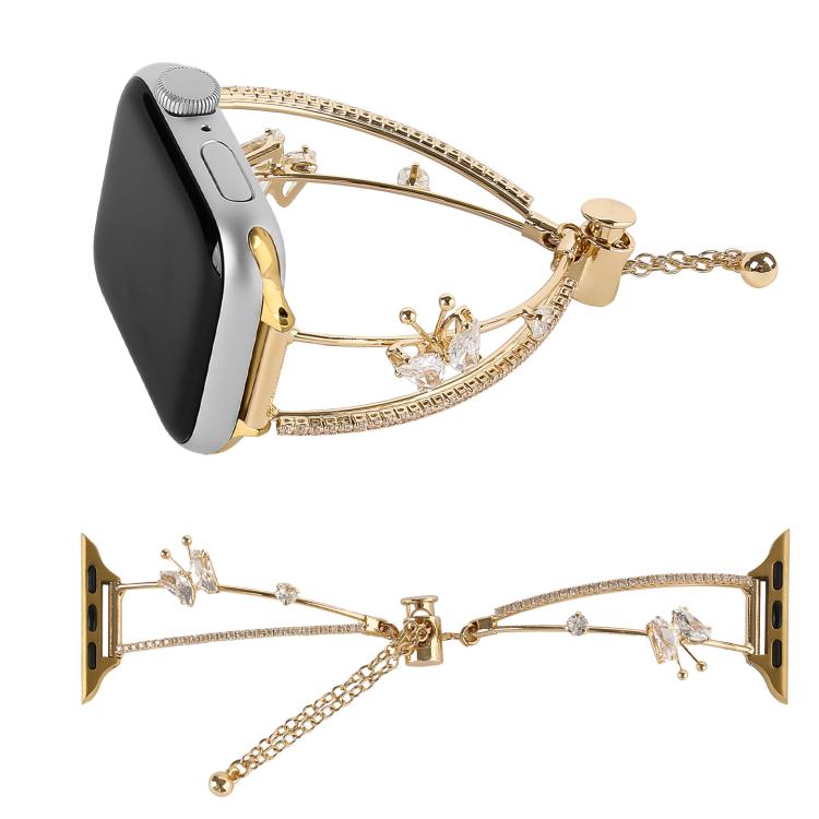 For Apple Watch 42mm / 41mm / 40mm / 38mm Copper-Inlaid Butterfly Zircon Bracelet Watch Band(Gold) by bashfashion
