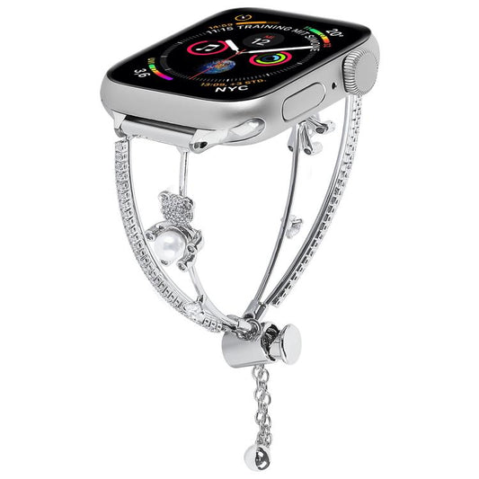 For Apple Watch 46mm / 49mm / 45mm / 44mm Copper-Inlaid Bear Zircon Bracelet Watch Band(Siver) by bashfashion