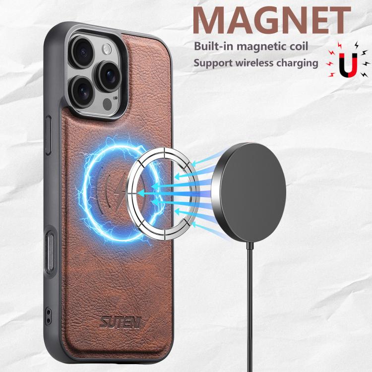 For iPhone 16 Pro Max Suteni G5 Litchi Leather Magnetic MagSafe Phone Case(Brown) by Suteni