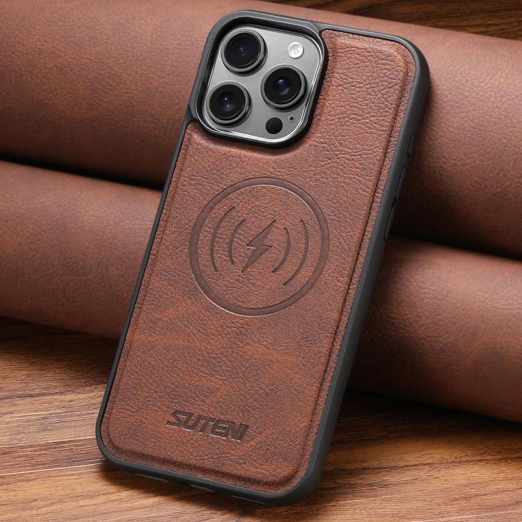 For iPhone 16 Suteni G5 Litchi Leather Magnetic MagSafe Phone Case(Brown) by Suteni