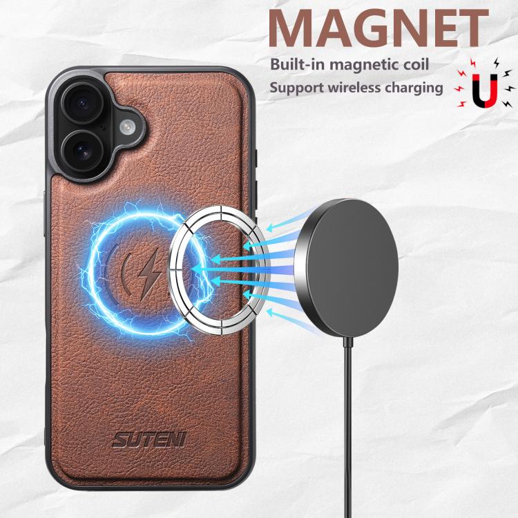 For iPhone 16 Suteni G5 Litchi Leather Magnetic MagSafe Phone Case(Brown) by Suteni