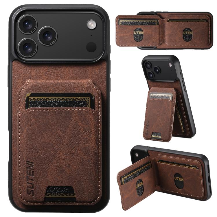 For iPhone 17 Pro Suteni H02 Litchi Leather Card Wallet Stand Back Phone Case(Brown) by Suteni
