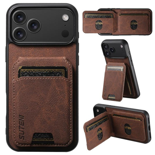 For iPhone 17 Pro Suteni H02 Litchi Leather Card Wallet Stand Back Phone Case(Brown) by Suteni