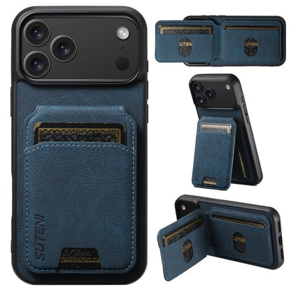 For iPhone 17 Pro Suteni H02 Litchi Leather Card Wallet Stand Back Phone Case(Blue) by Suteni