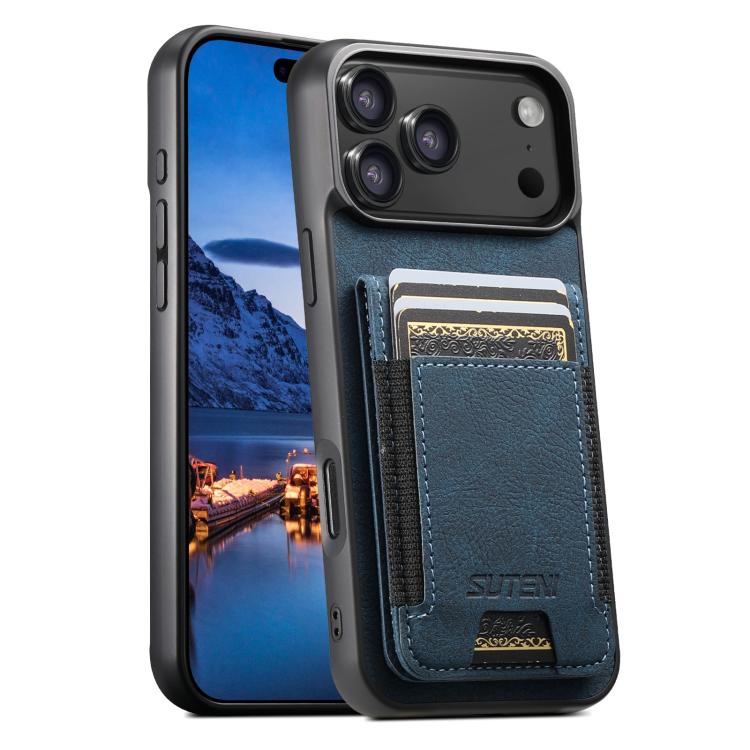 For iPhone 17 Pro Max Suteni H03 Litchi Leather Card Bag Stand Back Phone Case(Blue) by Suteni