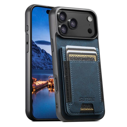 For iPhone 17 Pro Max Suteni H03 Litchi Leather Card Bag Stand Back Phone Case(Blue) by Suteni