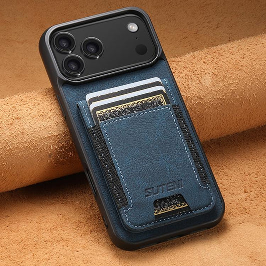For iPhone 17 Pro Max Suteni H03 Litchi Leather Card Bag Stand Back Phone Case(Blue) by Suteni