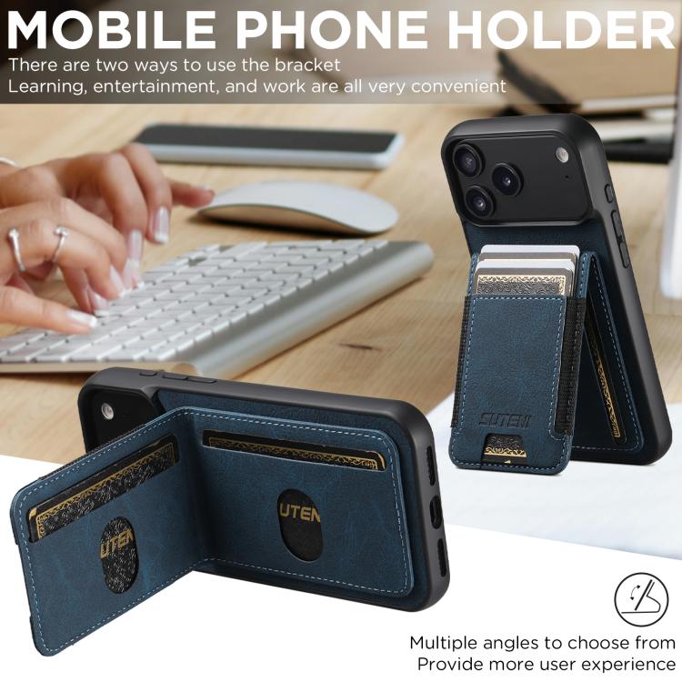 For iPhone 17 Pro Max Suteni H03 Litchi Leather Card Bag Stand Back Phone Case(Blue) by Suteni