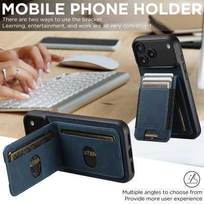 For iPhone 17 Pro Max Suteni H03 Litchi Leather Card Bag Stand Back Phone Case(Blue) by Suteni