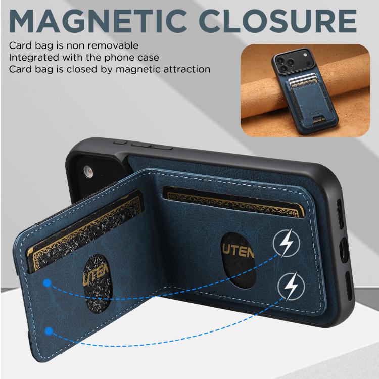 For iPhone 17 Pro Suteni H03 Litchi Leather Card Bag Stand Back Phone Case(Blue) by Suteni