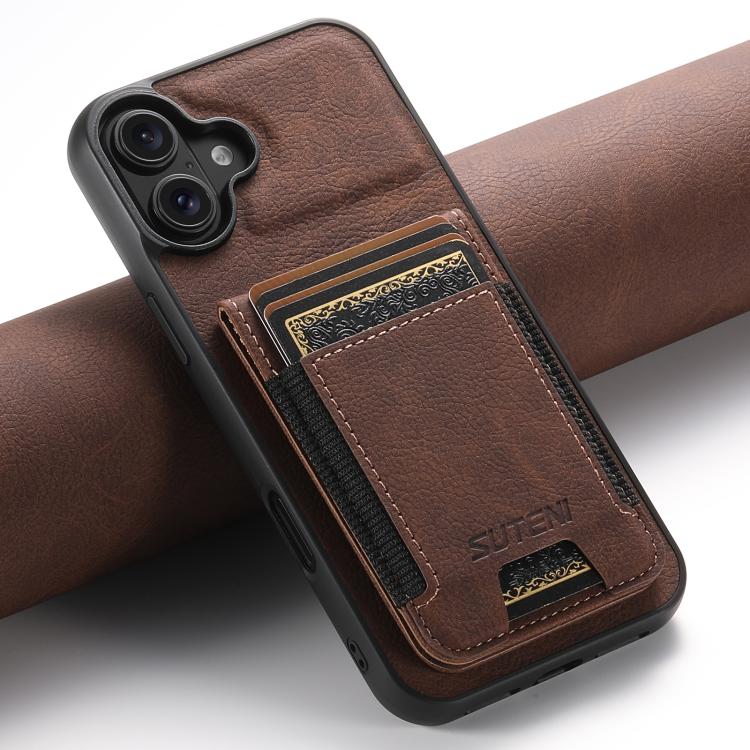 For iPhone 17 Suteni H03 Litchi Leather Card Bag Stand Back Phone Case(Brown) by Suteni