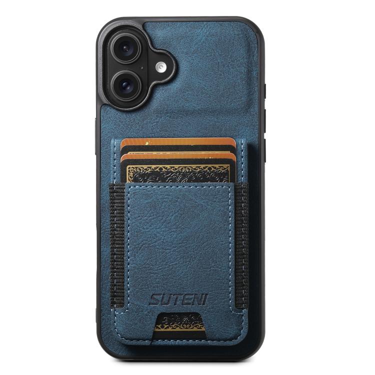 For iPhone 17 Suteni H03 Litchi Leather Card Bag Stand Back Phone Case(Blue) by Suteni
