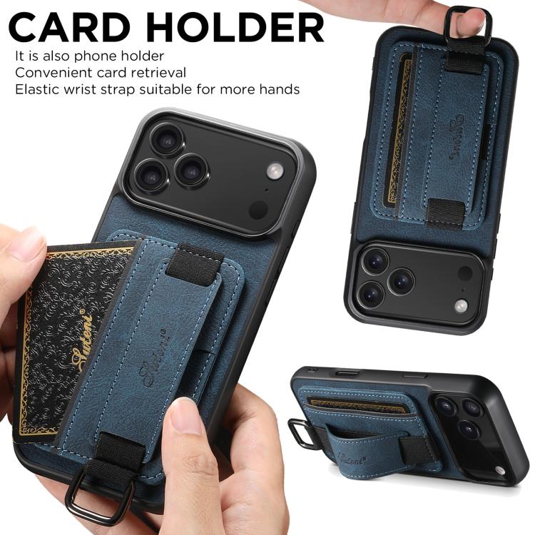 For iPhone 17 Suteni H13 Litchi Leather Wrist Strap Wallet Back Phone Case(Blue) by Suteni