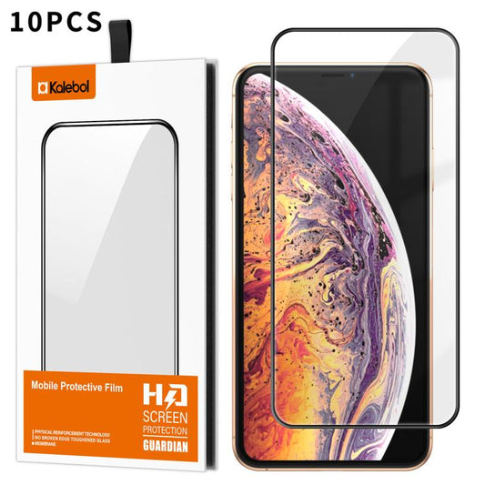 For iPhone XS Max 10pcs Kalebol High-Aluminum Screen-Printed Full-Coverage Anti-Fingerprint Black-Bordered HD Tempered Glass Film by Kalebol