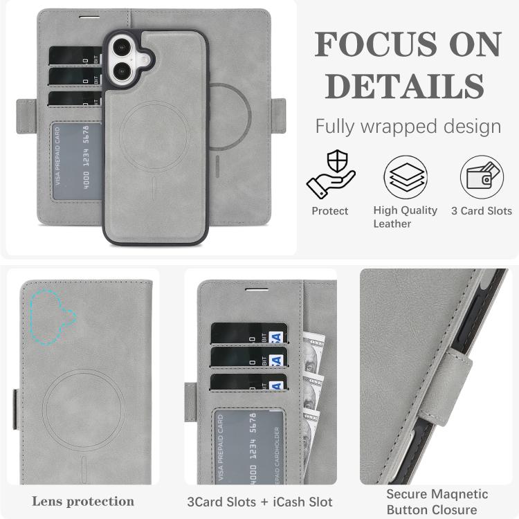 For iPhone 17 Kalebol Strong Magnetic MagSafe Ring 2 In 1 Split Leather Phone Case(Gray) by Kalebol