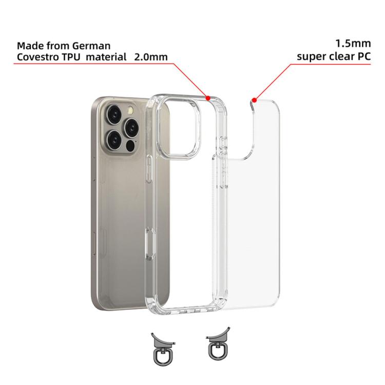 For iPhone 16 Kalebol Minimalist High Transparency Multi Color Rotating Lanyard Hole Phone Case(Silver) by Kalebol
