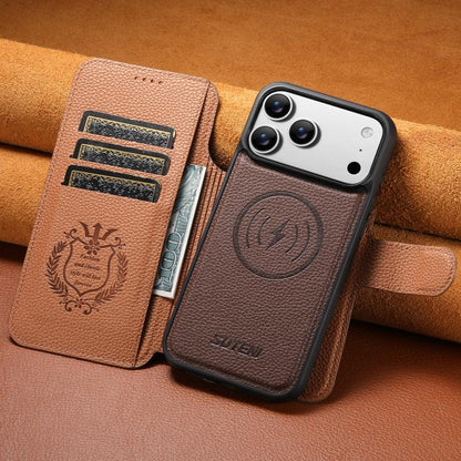 For iPhone 17 Pro Max Suteni Q05 -in-1 Multi-function MagSafe Wallet Big Litchi Leather Phone Case(Brown) by Suteni