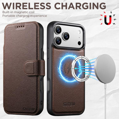 For iPhone 17 Pro Max Suteni Q05 -in-1 Multi-function MagSafe Wallet Big Litchi Leather Phone Case(Brown) by Suteni