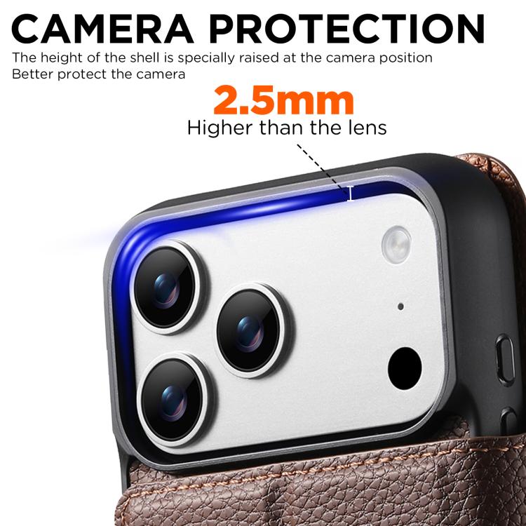 For iPhone 17 Pro Max Suteni Q05 -in-1 Multi-function MagSafe Wallet Big Litchi Leather Phone Case(Brown) by Suteni