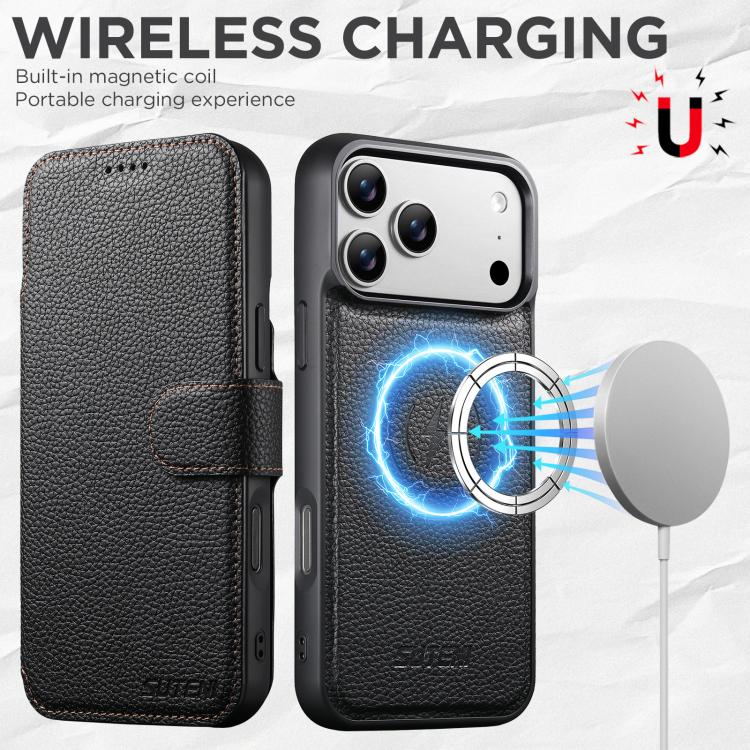 For iPhone 17 Pro Suteni Q05 -in-1 Multi-function MagSafe Wallet Big Litchi Leather Phone Case(Black) by Suteni