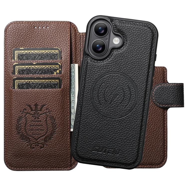 For iPhone 17 Suteni Q05 -in-1 Multi-function MagSafe Wallet Big Litchi Leather Phone Case(Black) by Suteni