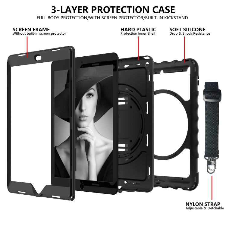 For iPad 10.2 360 Degree Rotating Case with Pencil Holder, Kickstand Shockproof Heavy Duty with Shoulder Strap,Hand Strap(Black) by bashfashion